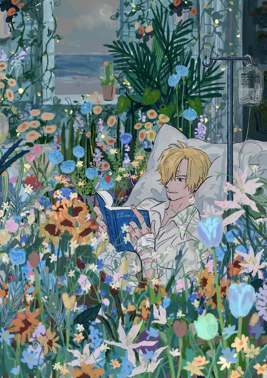 1boy bandages bed blonde_hair blue_flower blue_theme facial_hair feleven flower highres hospital_bed indoors intravenous_drip lying male_focus on_back one_piece plant reading sanji smile solo window