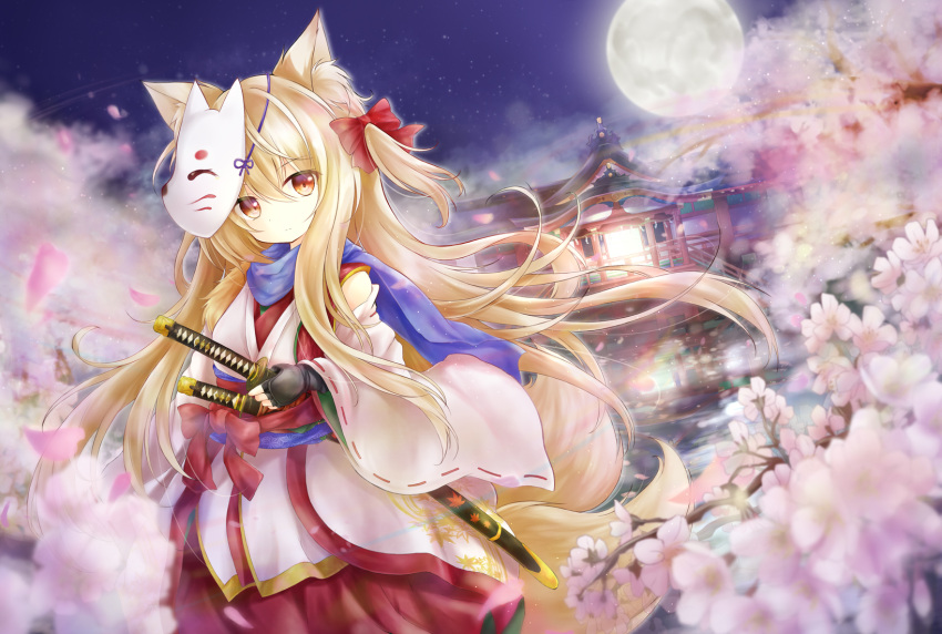 1girl animal_ear_fluff animal_ears blonde_hair cherry_blossoms detached_sleeves expressionless fingerless_gloves fox_ears fox_girl fox_mask fox_tail full_moon gloves highres japanese_clothes kata_rosu katana kimono long_hair mask miko moon multiple_tails night obi orange_eyes original petals petals_on_liquid reflection ribbon-trimmed_sleeves ribbon_trim sash scarf shrine single_sidelock skirt sword tail two_tails very_long_hair wakizashi water weapon