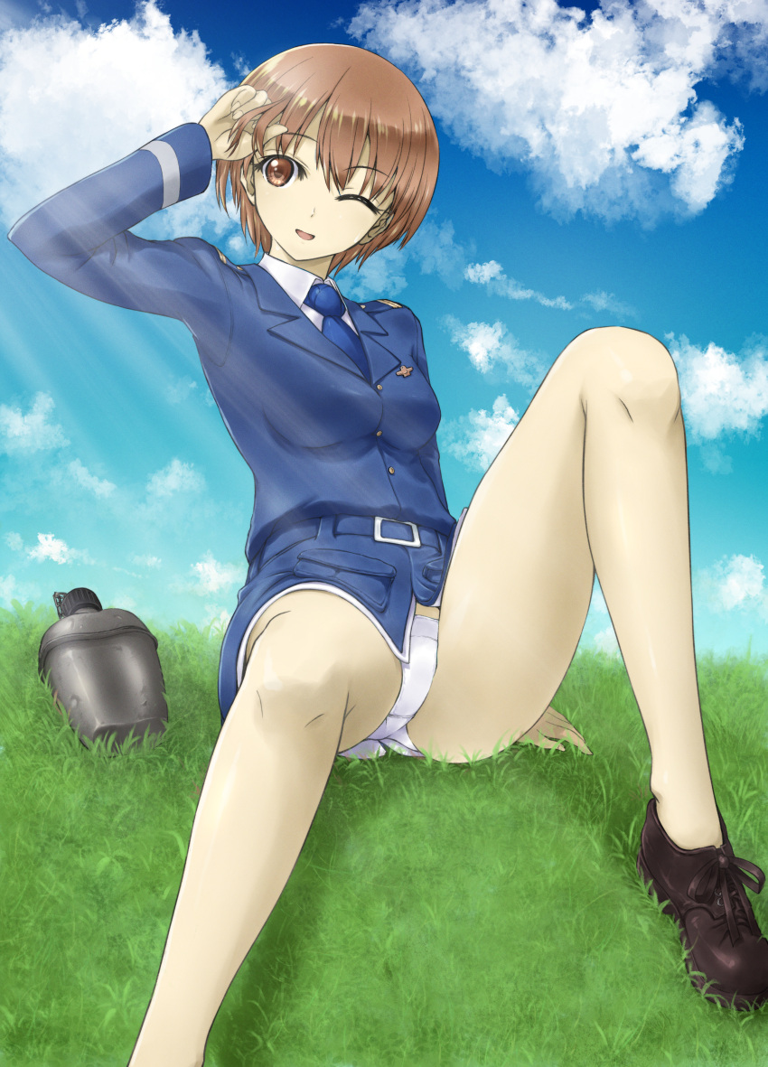 1girl 506th_joint_fighter_wing absurdres arm_support belt blue_belt blue_neckwear blue_sky breasts brown_eyes brown_hair canteen cloud garrison_cap grass hand_in_hair hat highres hill jennifer_j_deblanc knee_up medium_breasts memory_(prophet5) military military_uniform necktie noble_witches one_eye_closed panties pantyshot short_hair sky solo they're_not_panties thighs underwear uniform white_panties