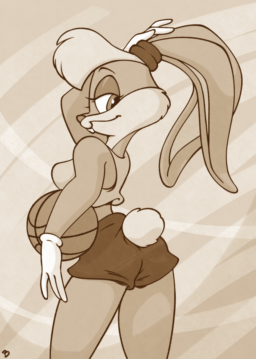 anthro basketball bottomwear buckteeth butt_pose clothing female hi_res lagomorph leporid lola_bunny looney_tunes mammal midriff monochrome pose rabbit roger_bacon shorts solo teeth warner_brothers