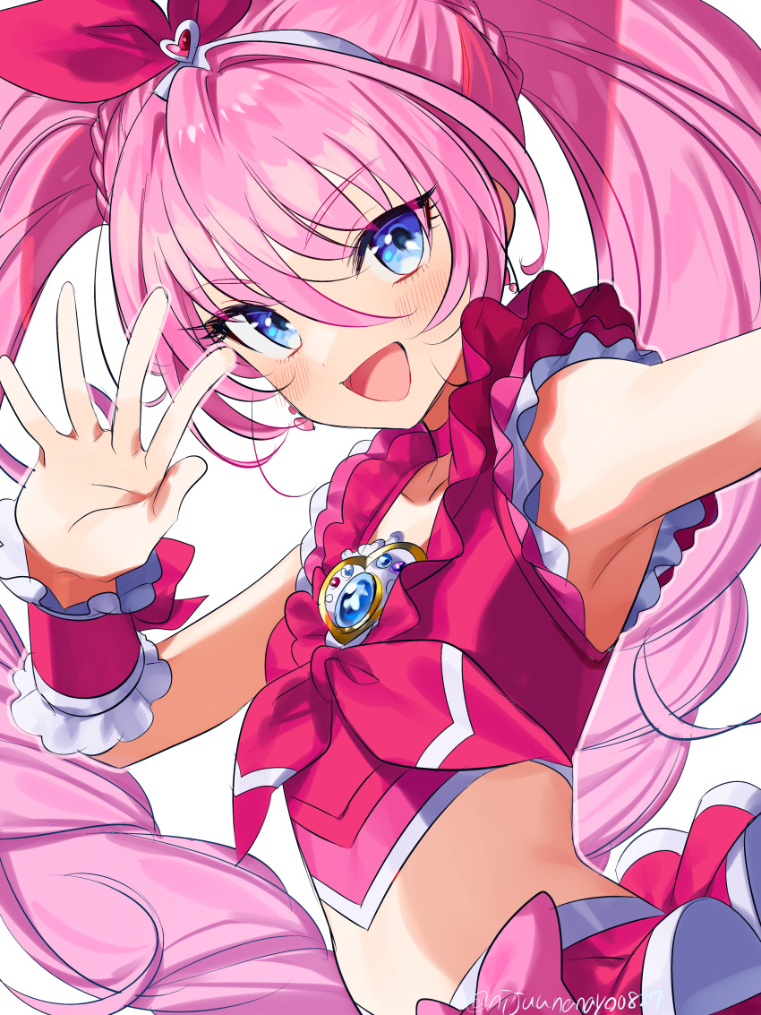 1girl :d absurdres armpits bare_shoulders blue_eyes brooch choker crop_top cure_melody flat_chest hair_between_eyes hair_ribbon highres houjou_hibiki jewelry long_hair looking_at_viewer midriff miyukiyo open_mouth outstretched_arm pink_choker pink_hair pink_shirt precure ribbon shirt signature sleeveless sleeveless_shirt smile solo suite_precure twintails twitter_username upper_body very_long_hair wrist_cuffs