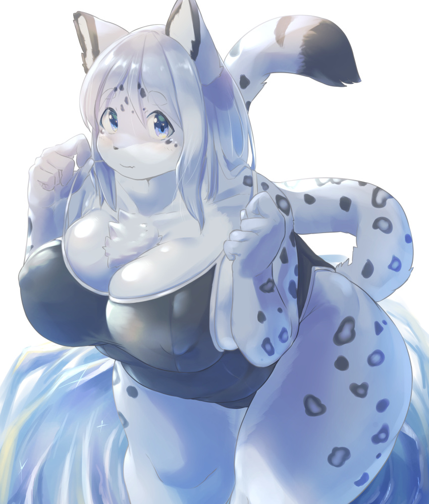 2021 5_fingers absurd_res anthro big_breasts blue_body blue_eyes blue_fur blue_hair blush breasts bulging_breasts cleavage cleavage_overflow clothed clothing clothing_pull curvy_figure cute_fangs eyebrow_through_hair eyebrows felid female fingers fur grey_body grey_fur grey_hair hair hi_res huge_breasts kemono long_hair looking_at_viewer mammal multicolored_body multicolored_ears multicolored_fur multicolored_hair multicolored_tail nipple_outline one-piece_swimsuit overweight overweight_anthro overweight_female pantherine portrait simple_background snow_leopard solo spots swimwear thick_thighs three-quarter_portrait tight_clothing translucent translucent_hair voluptuous white_background white_body white_fur white_hair yurari_yr