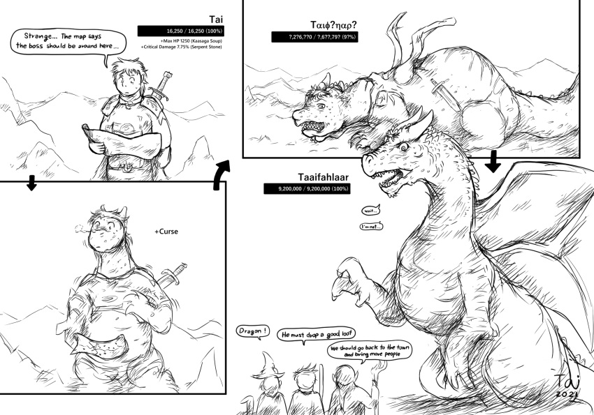 ambiguous_gender anthro bottomwear claws clothed clothing comic curse dialogue digital_media_(artwork) dragon english_text fantasy feral gameplay_mechanics group growth hair hat headgear headwear health_bar hi_res holding_object holding_weapon horn human humanoid magic magic_user mammal melee_weapon membrane_(anatomy) monochrome nude open_mouth renamed scalie sequence simple_background species_transformation standing status_effect sword taitora text topwear torn_clothing transformation video_games weapon wings