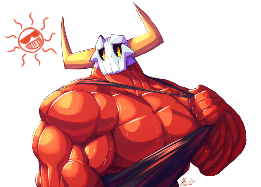 biceps big_biceps big_horns big_muscles big_pecs black_clothing black_sclera bodily_fluids clothing demon flammars huge_muscles humanoid male muscular muscular_arms muscular_legs neck_muscles pecs piesac pupils red_body shirt simple_background solo sun sweat tank_top thick_neck topwear white_background yellow_eyes yellow_pupils yongdasom