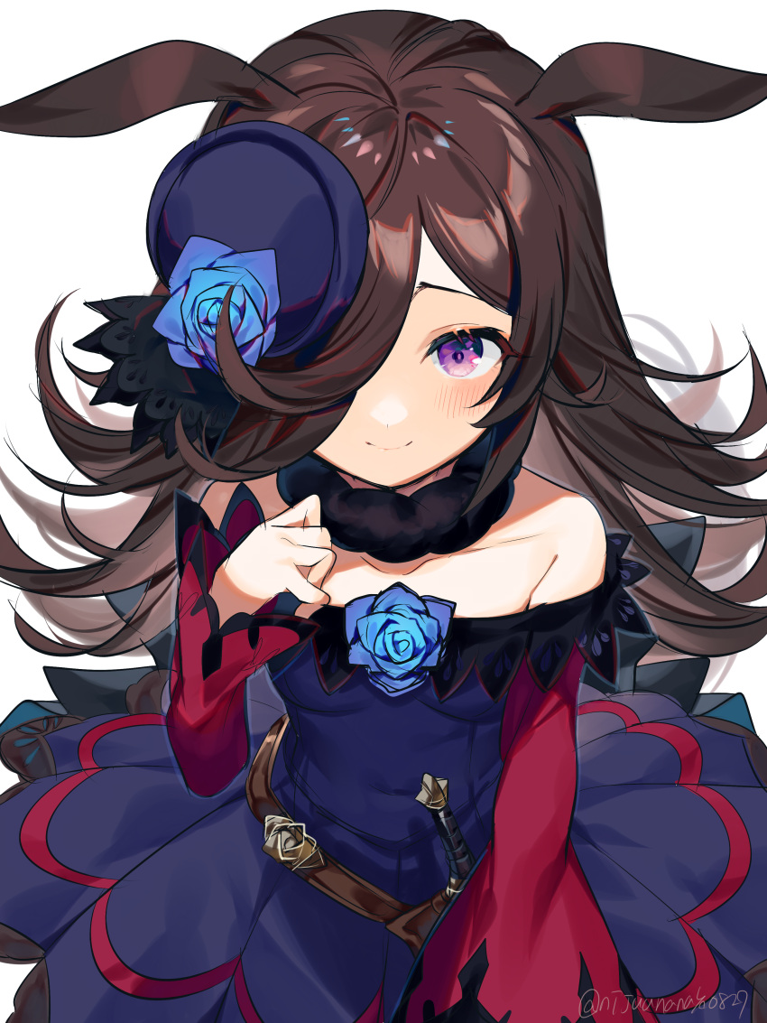 1girl absurdres animal_ears black_headwear blue_dress blue_flower blue_rose blush brown_hair closed_mouth dagger dress flower hair_over_one_eye hat hat_flower highres horse_ears horse_girl long_hair long_sleeves miyukiyo off-shoulder_dress off_shoulder purple_eyes rice_shower_(umamusume) rose sheath sheathed simple_background smile solo tilted_headwear twitter_username umamusume weapon white_background