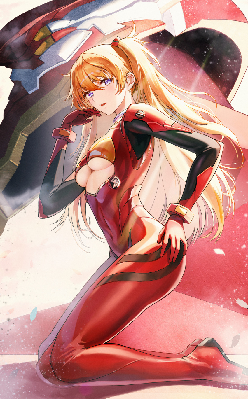 1girl absurdres bangs blue_eyes blush breasts covered_navel eva_02 eyebrows_visible_through_hair from_side full_body hand_on_own_ass hand_up highres huge_filesize kneeling long_hair looking_at_viewer lu_(ssuel) mecha neon_genesis_evangelion orange_hair parted_lips plugsuit shikinami_asuka_langley small_breasts souryuu_asuka_langley thighs twintails underboob