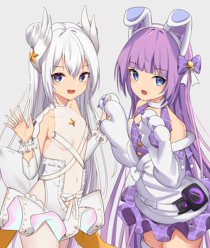 +_+ 2girls :d animal_ears azur_lane bangs blue_eyes blunt_bangs breasts bunny_ears choker collarbone commentary_request covered_navel detached_sleeves double_bun dress eyebrows_visible_through_hair fake_animal_ears frilled_dress frilled_skirt frills gloves hair_between_eyes hair_ornament hairband hands_together headgear highres idol le_malin_(azur_lane) le_malin_(muse)_(azur_lane) long_hair looking_at_viewer multiple_girls open_mouth paw_gloves paws plaid plaid_skirt purple_hair sakutaishi see-through sidelocks simple_background skirt small_breasts smile symbol-shaped_pupils tashkent_(azur_lane) tashkent_(muse)_(azur_lane) waving white_background white_hair white_legwear wrist_cuffs