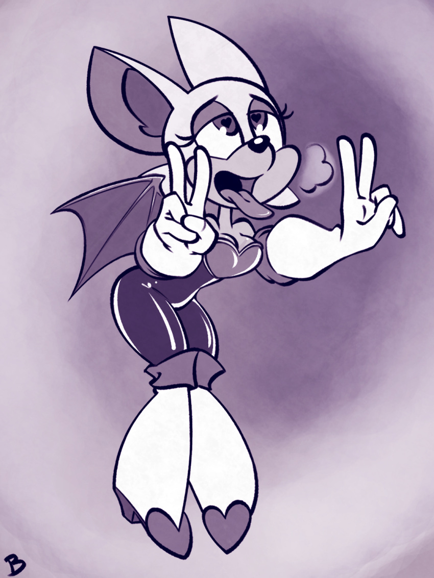 &lt;3 &lt;3_eyes anthro breasts breath chiropteran cleavage clothed clothing female gesture hi_res mammal monochrome panting roger_bacon rouge_the_bat solo sonic_the_hedgehog_(series) tongue tongue_out v_sign wings
