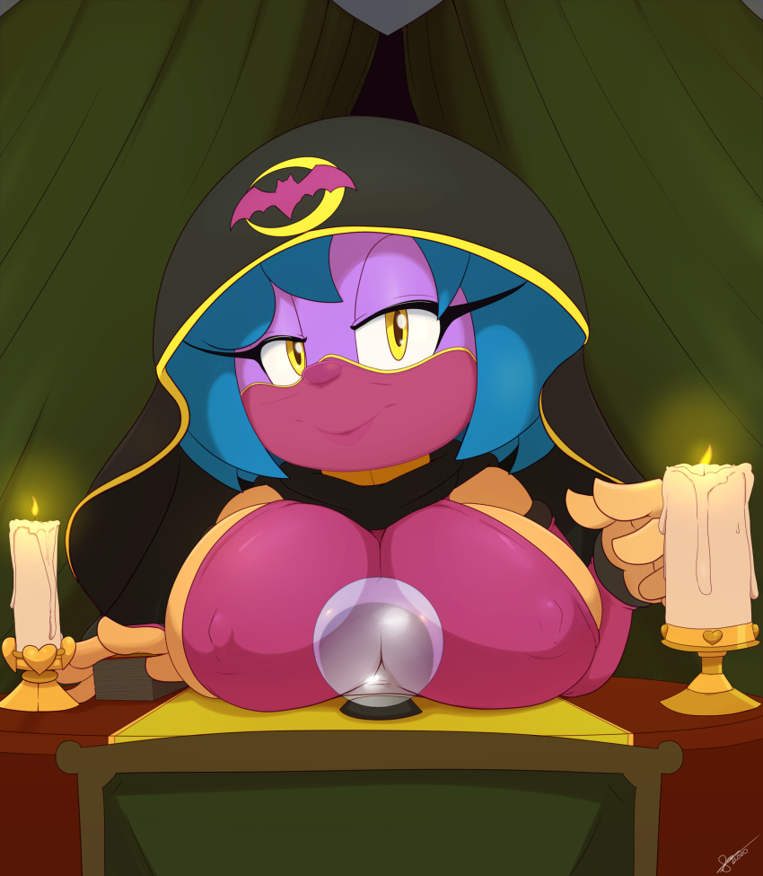 absurd_res anthro big_breasts bigdon1992 breasts chiropteran clothed clothing crystal_ball digital_media_(artwork) fan_character female fingers fortune_teller fur hair hi_res looking_at_viewer mammal penny_the_bat solo sonic_the_hedgehog_(series)