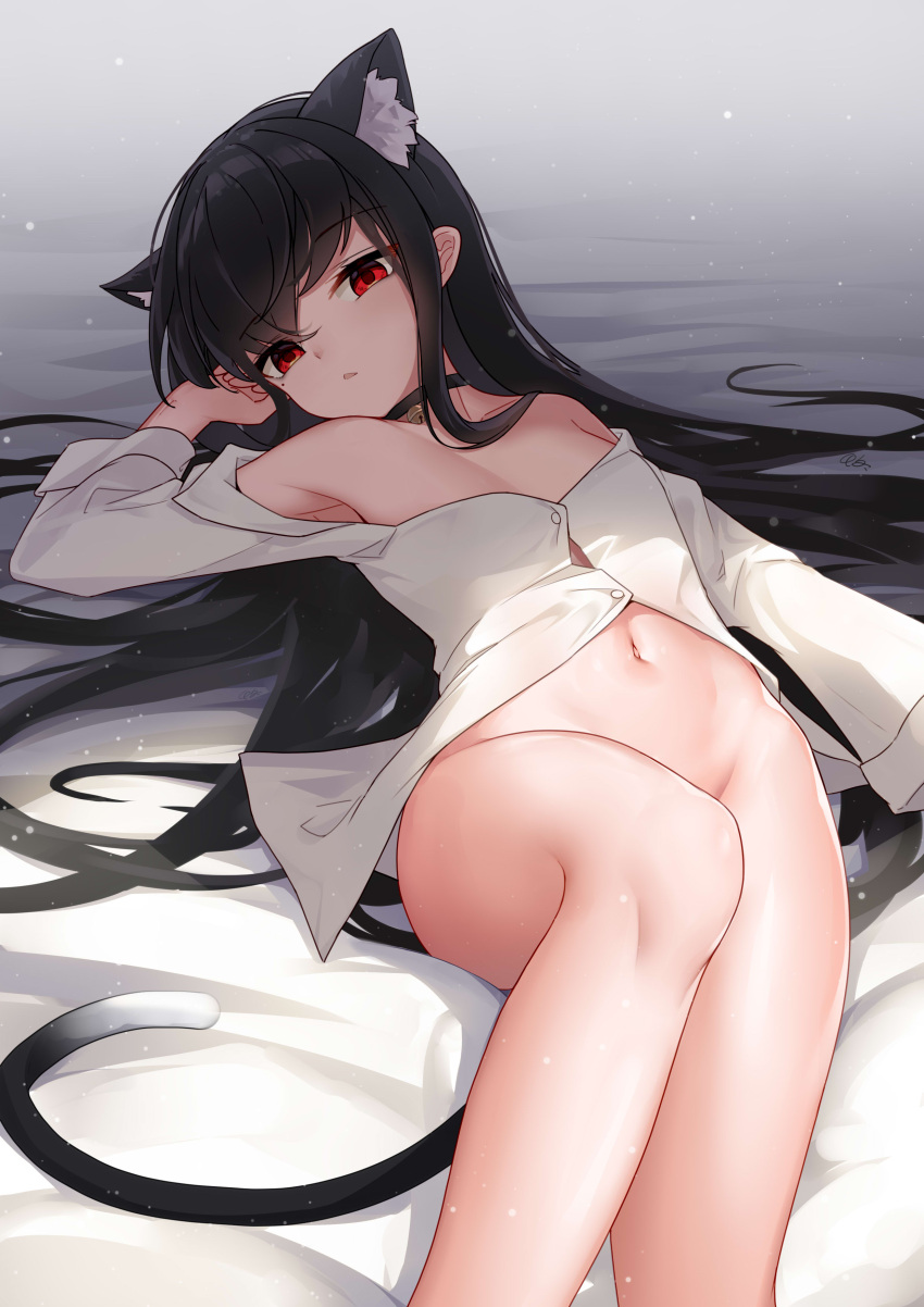1girl absurdres animal_ears armpits bangs bare_shoulders bed_sheet bell black_choker black_hair blush bottomless cat_ears cat_girl cat_tail choker collarbone convenient_leg extra_ears eyebrows_visible_through_hair flat_chest highres jingle_bell knee_up long_hair long_sleeves looking_at_viewer lying mole mole_under_eye naked_shirt navel neck_bell no_bra off_shoulder on_back parted_lips qianze_chia red_eyes shirt signature solo stomach tail very_long_hair virtual_youtuber vivid_(production) white_shirt xingye