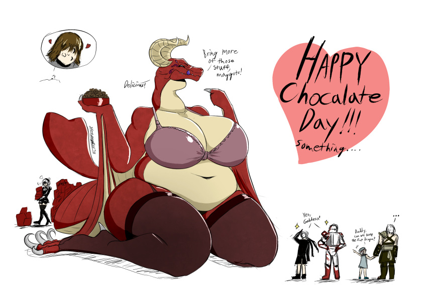 &lt;3 android angelus anthro belly big_breasts bra breasts butt caim claws clothing dragon drakengard english_text female hi_res horn human larger_female legwear machine male mammal nier_automata obese obese_anthro overweight overweight_anthro robot size_difference sleepingeel sparkles stockings text thick_thighs underwear winged_arms wings wyvern