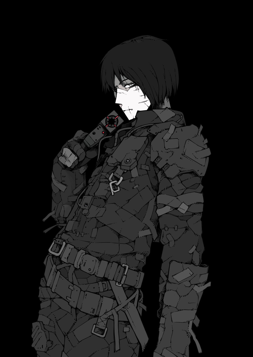 1boy absurdres belt black_background black_jumpsuit blame! commentary cowboy_shot english_commentary expressionless gauntlets graviton_beam_emitter gun highres holding holding_gun holding_weapon jumpsuit killy looking_at_viewer mackle multiple_belts multiple_scars partially_shaded_face patchwork_clothes scar scar_on_face science_fiction short_hair shoulder_pads weapon