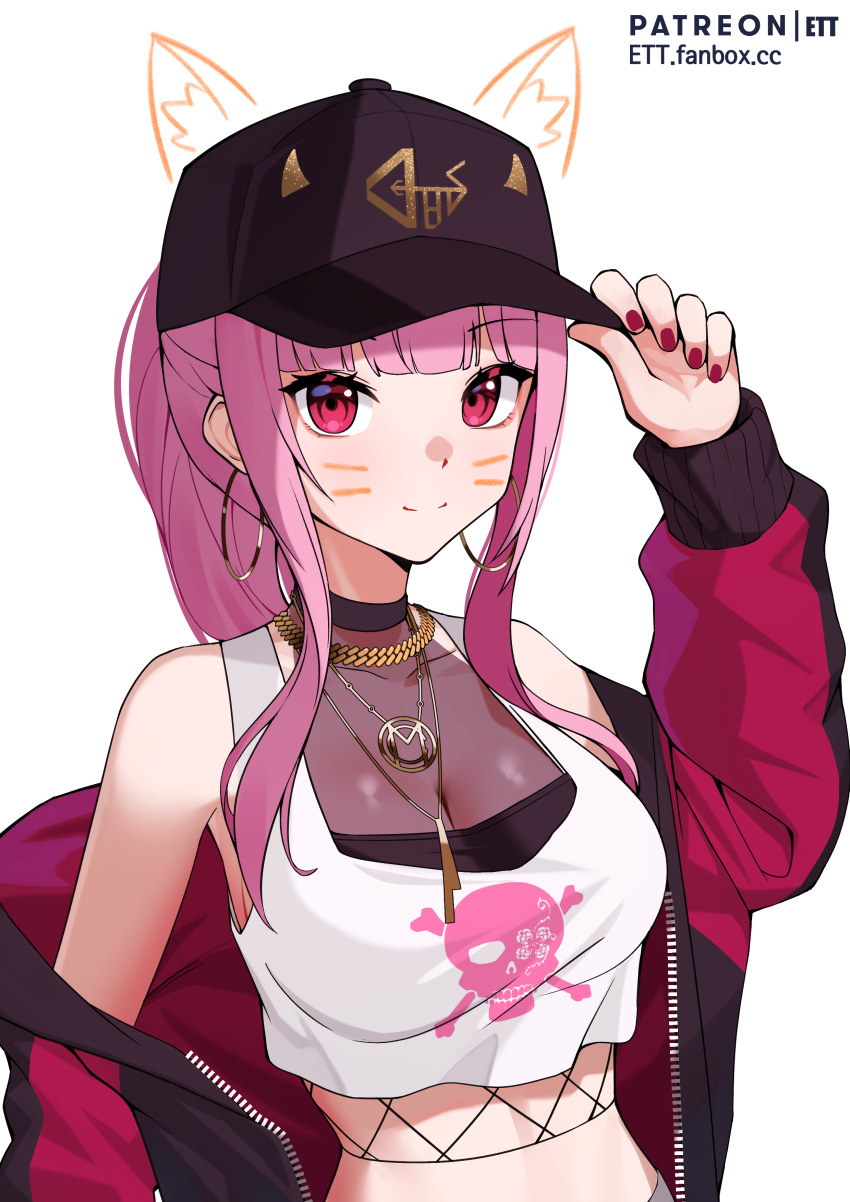 1girl absurdres arm_up armpits bare_shoulders baseball_cap black_headwear breasts cleavage crop_top drawn_ears drawn_whiskers earrings ett fishnets hand_on_headwear hat highres hololive hololive_english hoop_earrings jacket jewelry long_hair long_sleeves looking_at_viewer medium_breasts midriff mori_calliope nail_polish necklace off_shoulder open_clothes open_jacket pink_hair pink_jacket ponytail red_eyes red_nails see-through shirt simple_background sleeveless sleeveless_shirt smile solo upper_body virtual_youtuber white_background white_shirt