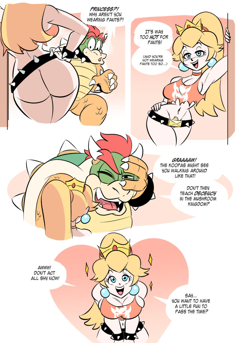 absurd_res anthro belt bowser breasts cleavage clothed clothing dialogue duo english_text female funsexydragonball hi_res human koopa male mammal mario_bros nintendo princess_peach scalie seductive simple_background skimpy speech_bubble text video_games
