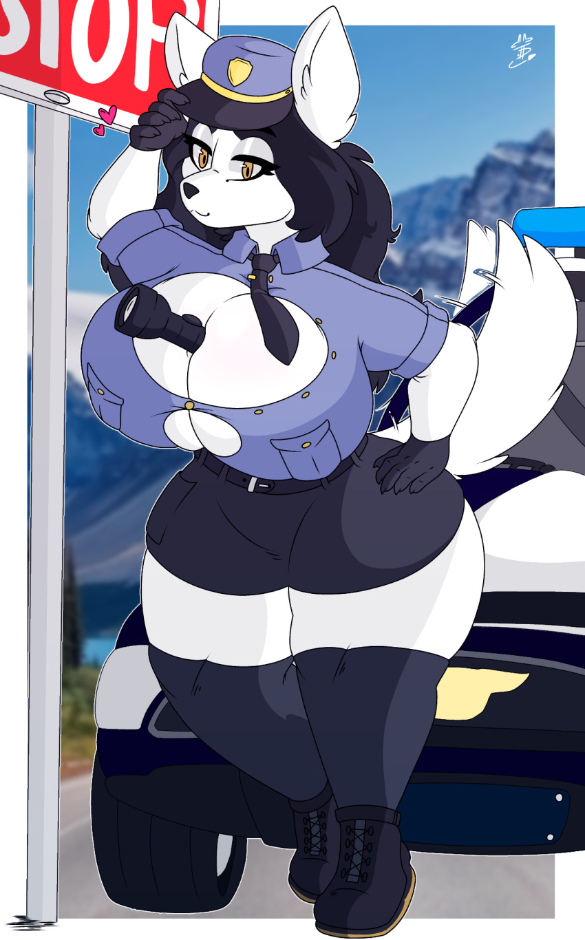 big_breasts breasts canid car clothed clothing eyelashes female hair half-closed_eyes hat headgear headwear hi_res mammal narrowed_eyes officer officer_pai_(miso_souperstar) police police_car smile solo tani_d uniform vehicle