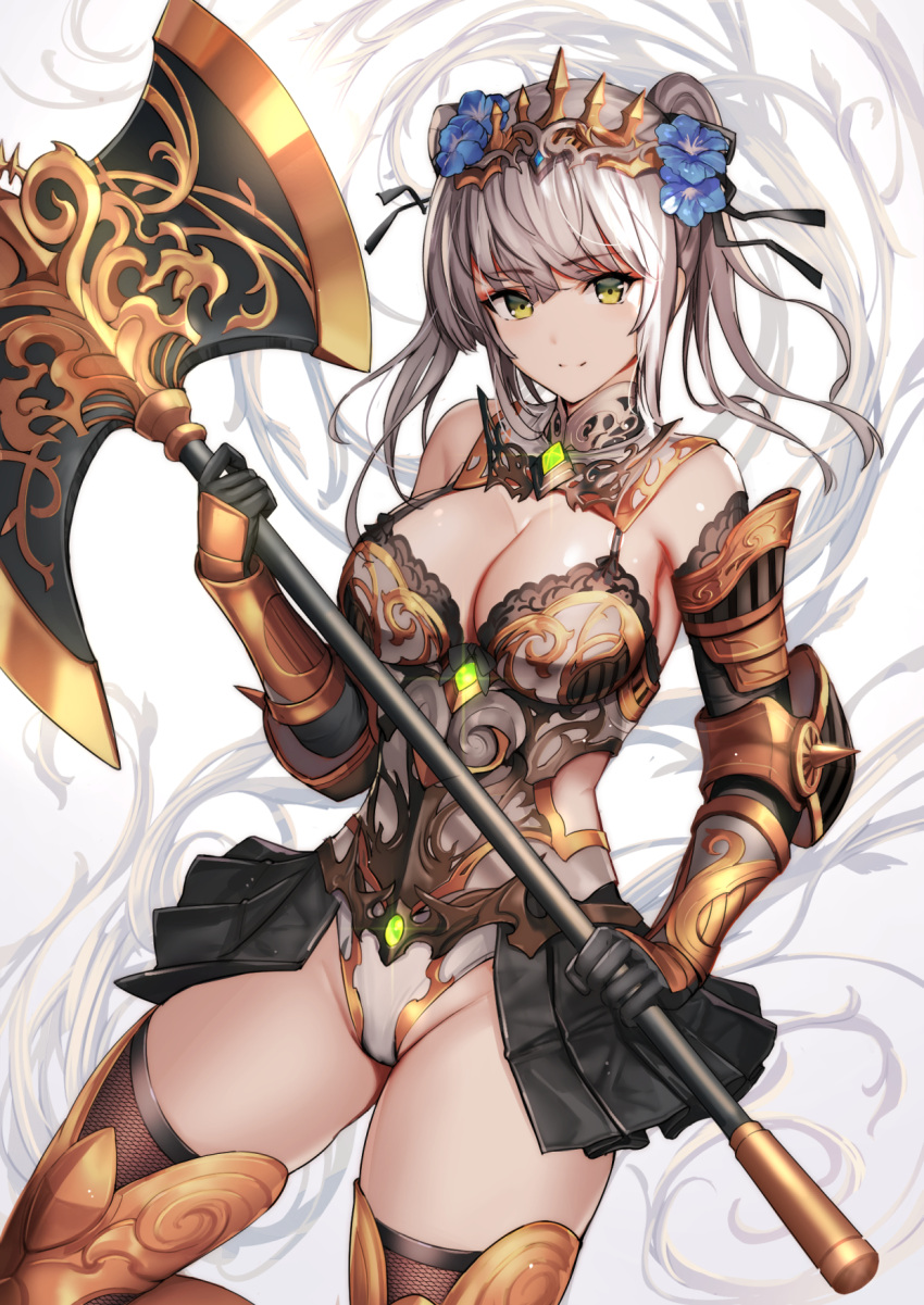 1girl armor armored_boots axe bare_shoulders battle_axe black_gloves black_skirt boots breastplate breasts brown_legwear cleavage closed_mouth elbow_gloves flower gauntlets gloves gold_trim green_eyes groin hair_flower hair_ornament highres holding holding_axe large_breasts long_hair looking_at_viewer matsumoto_mitsuaki miniskirt original pleated_skirt showgirl_skirt side_cutout silver_hair skirt smile solo thigh_boots thighhighs thighs tiara twintails vambraces weapon