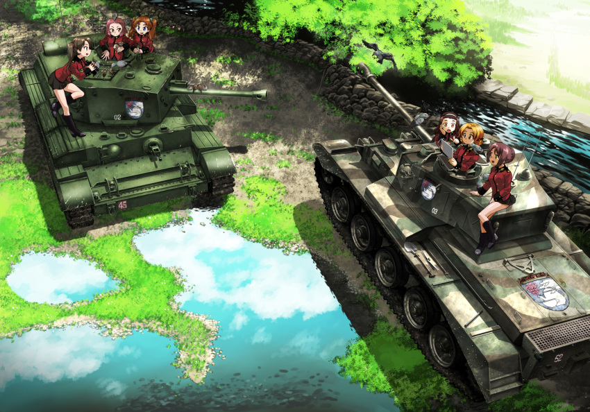 6+girls assam_(girls_und_panzer) binoculars bird blonde_hair blue_eyes breasts brown_hair caterpillar_tracks comet_(tank) commentary_request cromwell_(tank) darjeeling_(girls_und_panzer) day emblem girls_und_panzer glasses grass ground_vehicle military military_vehicle motor_vehicle multiple_girls nilgiri_(girls_und_panzer) open_mouth orange_hair orange_pekoe_(girls_und_panzer) r-ex red_hair rosehip_(girls_und_panzer) shirt short_hair skirt smile st._gloriana's_(emblem) st._gloriana's_military_uniform tablet_pc tank twintails uniform water yellow_eyes