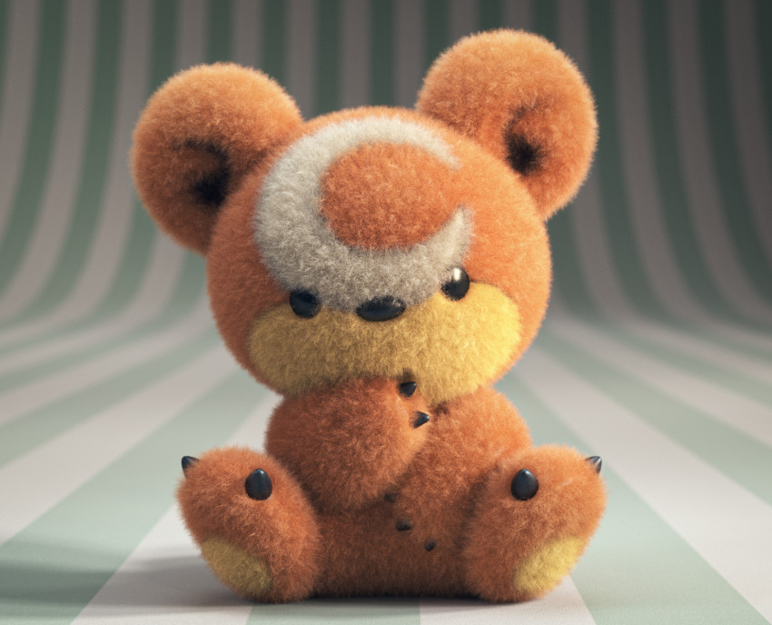 3d bear black_eyes claws faux_traditional_media gen_2_pokemon green_background highres looking_at_viewer moon no_humans no_mouth photorealistic pokemon pokemon_(creature) simple_background striped stuffed_animal stuffed_toy teddiursa todryan white_background zbrush