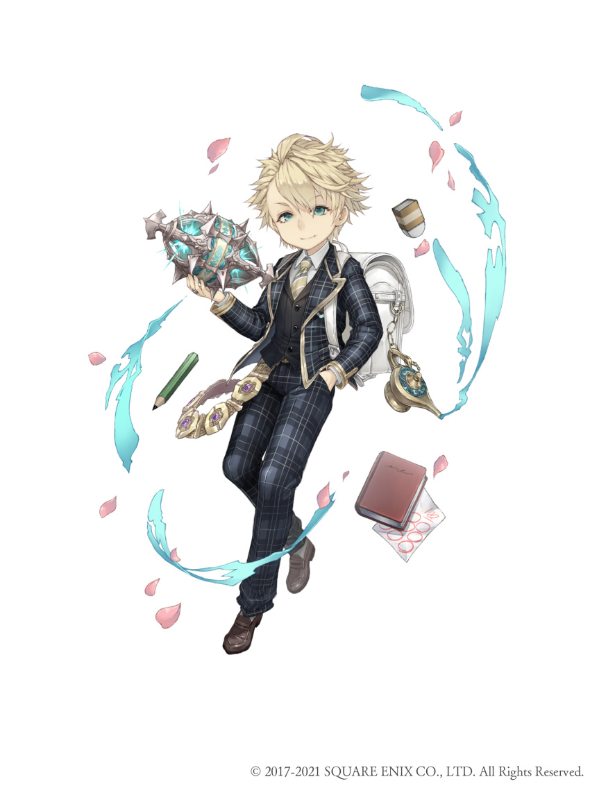 1boy absurdres aladdin_(sinoalice) bag black_vest blonde_hair blue_eyes child eraser eyebrows_visible_through_hair eyes_visible_through_hair full_body hand_in_pocket highres jewelry ji_no keychain kindergarten_bag loafers looking_at_viewer necktie notebook official_art oil_lamp pants pencil petals plaid plaid_jacket plaid_pants ring shoes sinoalice smile solo square_enix vest white_background younger
