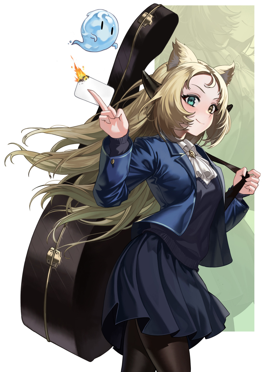1girl absurdres animal_ear_fluff animal_ears black_horns black_legwear blonde_hair blue_jacket blue_skirt blue_sweater burning cat_ears character_request closed_mouth commentary_request copyright_request cowboy_shot geminingen green_eyes heterochromia highres holding holding_paper horns instrument_case instrument_on_back jacket korean_commentary long_hair long_sleeves looking_at_viewer open_clothes open_jacket pantyhose paper pleated_skirt school_uniform skirt smile solo sweater water yellow_eyes