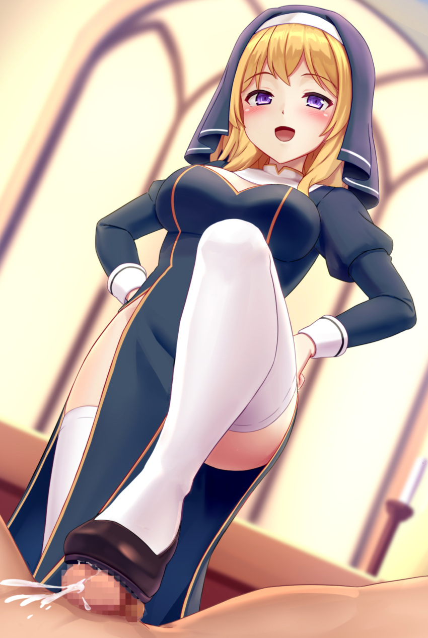 1boy 1girl absurdres bdsm blonde_hair blue_eyes feet femdom footjob hetero highres nun original penis sadism sakurano_yukke shoejob shoes stepped_on stomping trample