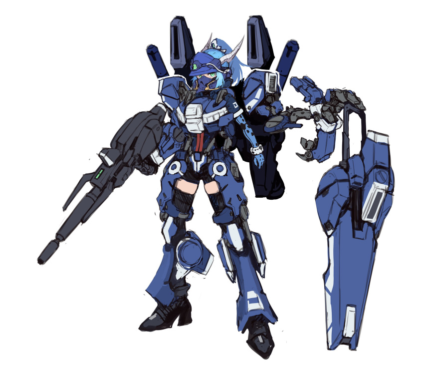 1girl aqua_eyes blue_gloves blue_hair blue_headwear extra_arms gloves gun gundam gundam_mk_v gundam_sentinel highres holding holding_gun holding_weapon looking_at_viewer mask mecha_musume mechanical_arms metal_boots mouth_mask nakamura_eight personification ponytail shield solo thighhighs weapon white_background