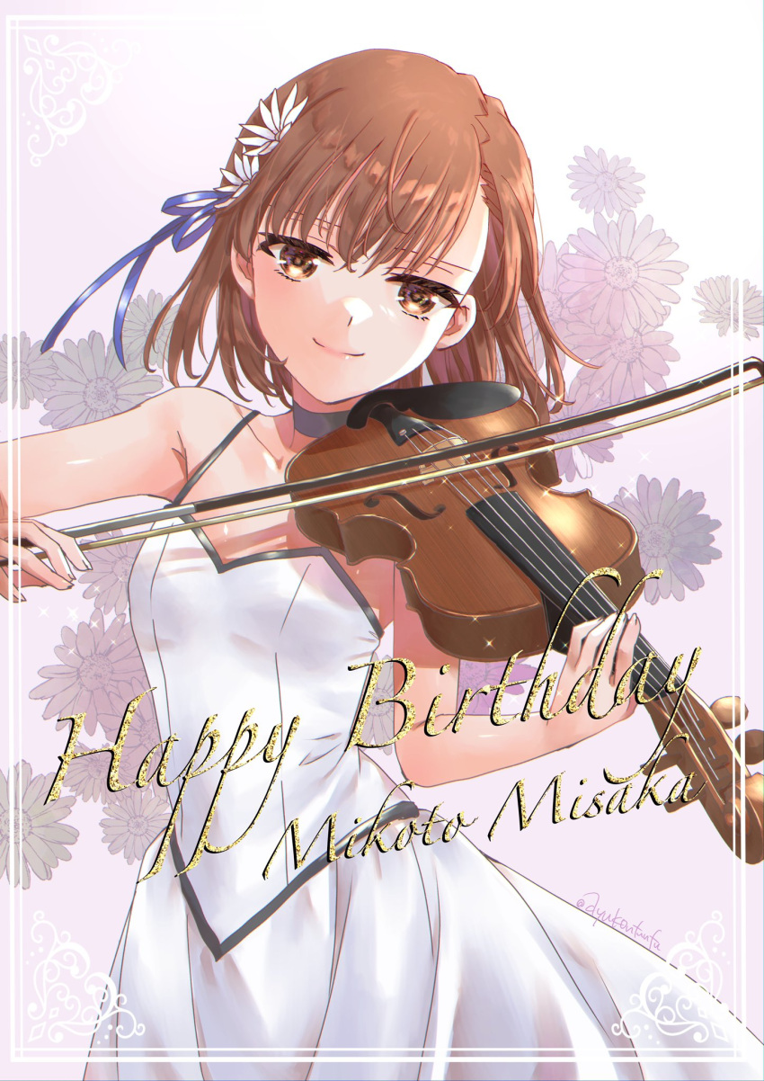 1girl ayuko_(ayuko54bornthisway) bow_(instrument) brown_eyes brown_hair cowboy_shot dress floral_background flower hair_flower hair_ornament happy_birthday highres instrument looking_at_viewer misaka_mikoto music playing_instrument short_hair solo spaghetti_strap toaru_kagaku_no_railgun toaru_majutsu_no_index violin violin_bow white_dress