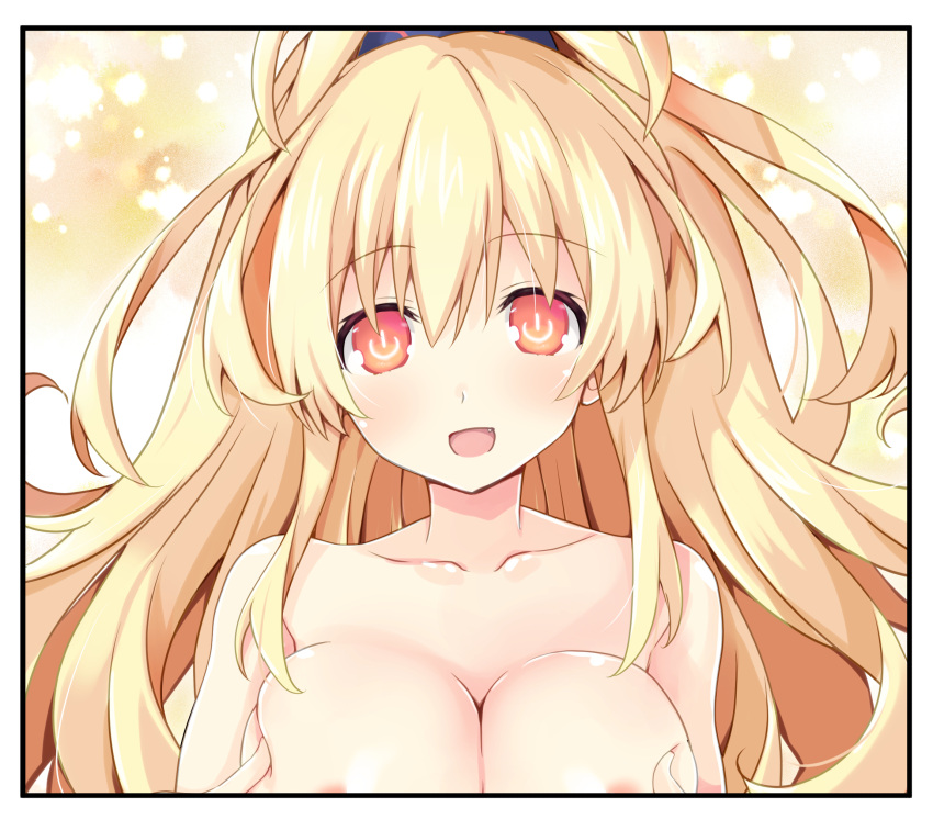 1girl :d areolae bare_shoulders blonde_hair blush breast_grab breast_squeeze breasts cleavage commentary_request fang grabbing hair_between_eyes hands_on_own_chest hands_up highres iwashi_dorobou_-r- kami_jigen_game_neptune_v large_breasts long_hair looking_at_viewer neptune_(series) open_mouth orange_eyes out-of-frame_censoring pish ponytail power_symbol smile solo symbol-shaped_pupils topless upper_body yellow_eyes yellow_heart