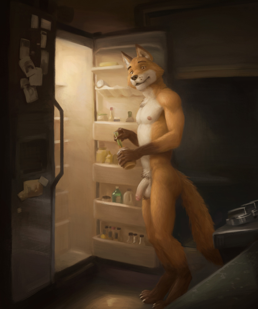 anthro appliance areola balls bulge canid canine canis casual_nudity container digital_media_(artwork) digitigrade feet fingers flaccid food fox fridge fur genitals hi_res holding_container holding_object humanoid_genitalia humanoid_penis kitchen kitchen_appliance looking_at_viewer male mammal nipples nude orcfun pecs penis smile solo standing tail toes