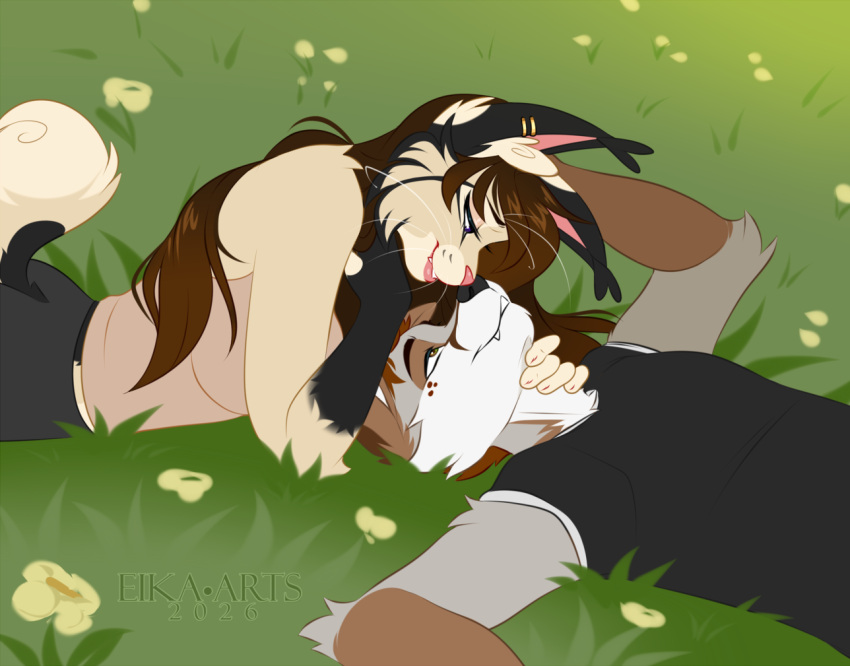 2026 anthro biped bottomwear breasts butt canid canine claws clothed clothed_anthro clothed_female clothed_male clothing digital_drawing_(artwork) digital_media_(artwork) duo ear_piercing ei-ka eye_contact felid feline female fingers fox fully_clothed fully_clothed_anthro fully_clothed_female fur hair inner_ear_fluff looking_at_another lying lynx male mammal on_back outside piercing smile tail teeth tongue topwear tuft whiskers