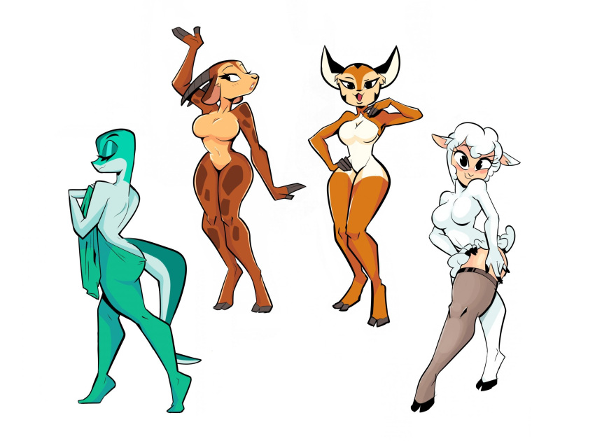 2020 antelope anthro bovid breasts caprine cervid clothing cloven_hooves cross_country_detours curvy_figure eyes_closed featureless_breasts female fur gazelle group herny hi_res hooves hourglass_figure legwear legwear_only lizard mammal merrie_melodies nude reptile rita_skopt scalie sheep simple_background stockings tex_avery the_isle_of_pingo_pongo thigh_highs undressing wacky_wildlife warner_brothers white_background wool_(fur)