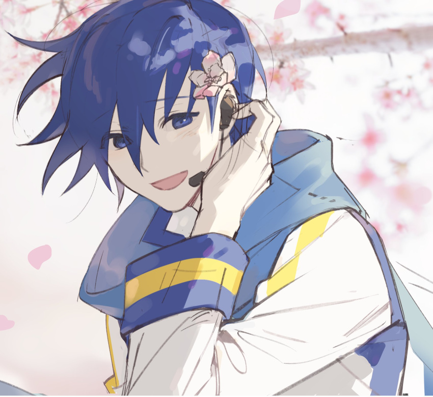 1boy 1c3ink3tk4n blue_eyes blue_hair cherry_blossoms flower hair_behind_ear hair_flower hair_ornament hair_tucking hand_up headset highres kaito male_focus open_mouth pale_skin petals scarf shy smile solo tree_branch tree_shade upper_body vocaloid wind