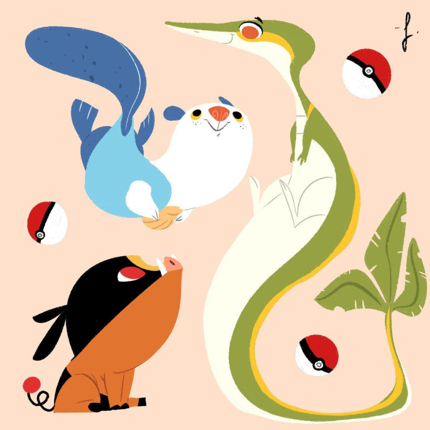 abstract gen_5_pokemon highres leaf looking_at_another lorenzocolangeli oshawott poke_ball pokemon pokemon_(creature) seashell shell signature simple_background sitting snivy swimming tepig tusks