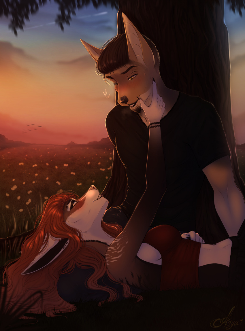 2026 anthro asyalawrence biped blush bottomwear breasts canid canine canis claws clothed clothed_anthro clothed_female clothed_male clothing cloud digital_drawing_(artwork) digital_media_(artwork) duo eye_contact female fingers fully_clothed fully_clothed_anthro fully_clothed_female fully_clothed_male fur hair hi_res looking_at_another lying male mammal navel on_back outside plant sitting sky smile teeth topwear tree wolf