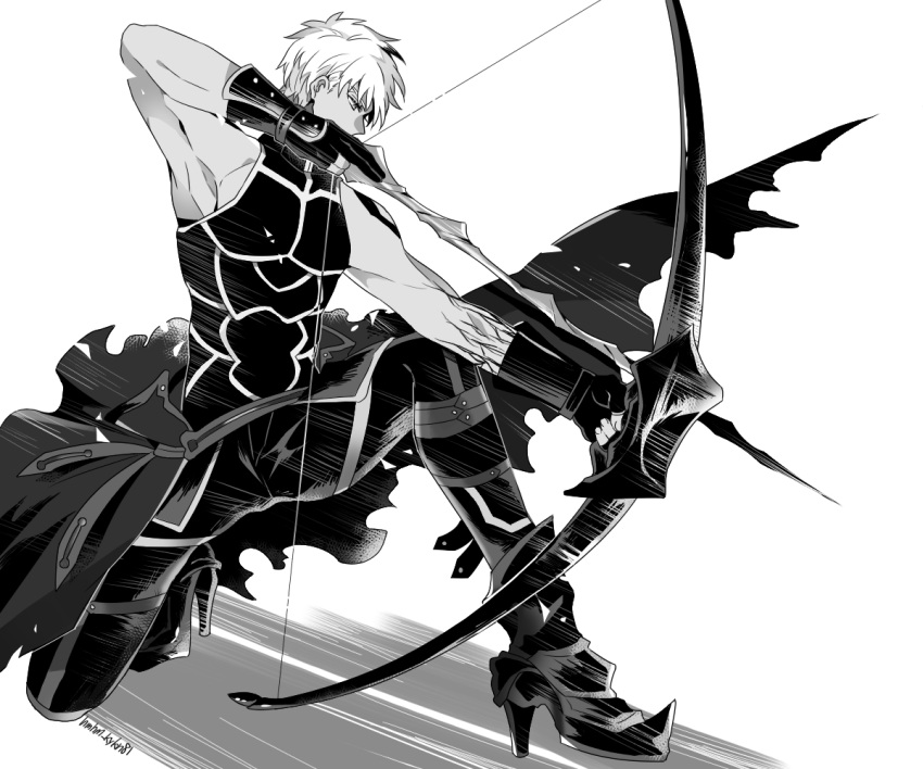 1boy archer_(fate) archer_alter bare_shoulders bow_(weapon) corruption dark_skin dark_skinned_male drawing_bow fate/grand_order fate_(series) hair_down holding holding_bow_(weapon) holding_weapon male_focus monochrome muscular muscular_male namahamu_(hmhm_81) solo weapon