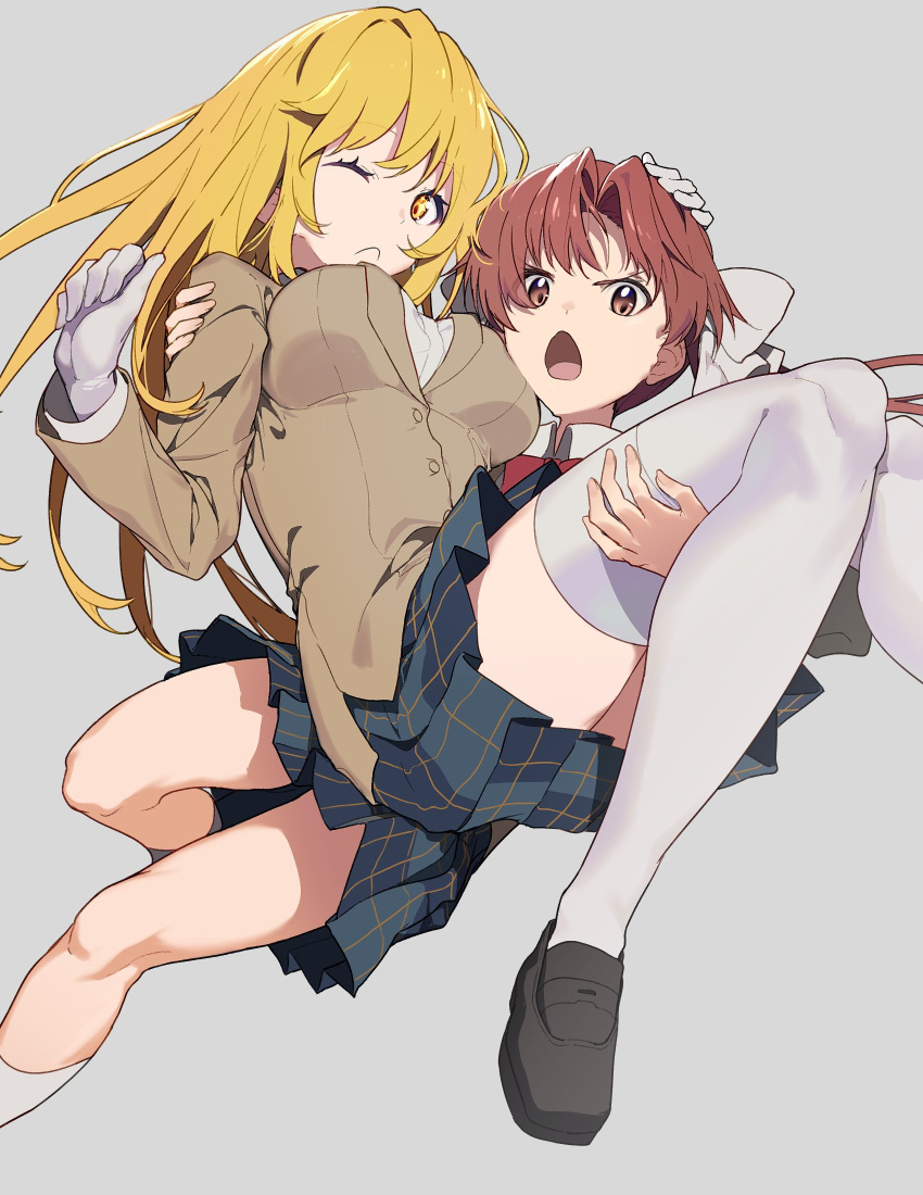 +_+ 2girls bangs black_skirt blazer blonde_hair brown_eyes brown_hair brown_jacket carrying closed_mouth dress_shirt frown gloves grey_background hair_ribbon hand_on_another's_head highres jacket jumping leg_up long_hair looking_at_viewer miniskirt multiple_girls one_eye_closed open_mouth parted_bangs plaid plaid_skirt pleated_skirt princess_carry ribbon school_uniform shirai_kuroko shirt shokuhou_misaki simple_background skirt socks tadano_souko thighhighs toaru_kagaku_no_railgun toaru_majutsu_no_index tokiwadai_school_uniform twintails white_gloves white_legwear white_ribbon white_shirt yellow_eyes