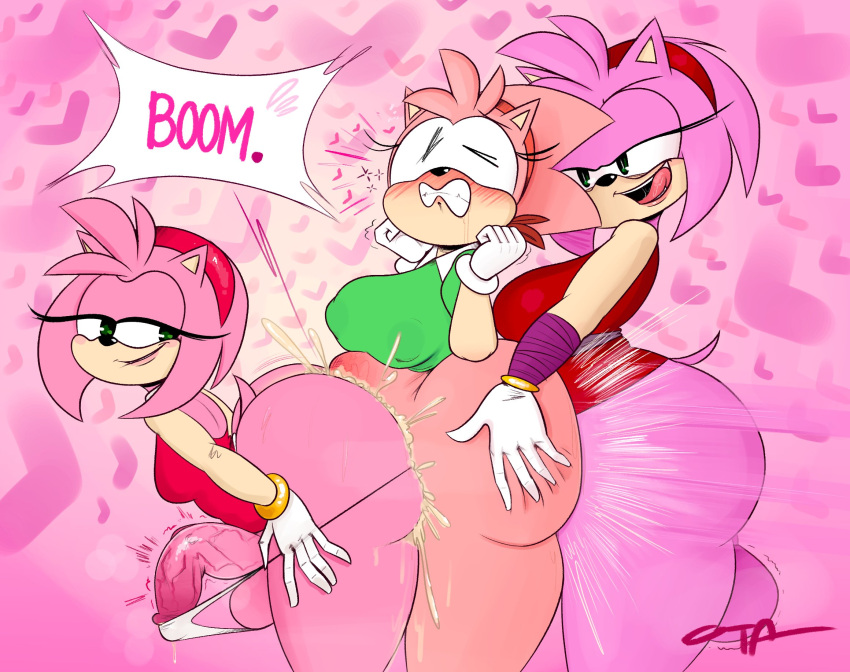 &lt;3 2021 5_fingers accessory amy_rose anthro balls big_butt black_nose blush bodily_fluids butt classic_amy_rose classic_sonic_(universe) clothing cum eulipotyphlan eyelashes fingers fur genital_fluids genitals gloves green_eyes gynomorph hair handwear headband hedgehog hi_res intersex mammal nipple_outline ota_(artist) penis pink_body pink_fur pink_hair selfcest signature smile sonic_boom sonic_the_hedgehog_(series) square_crossover tongue tongue_out trio vein veiny_penis