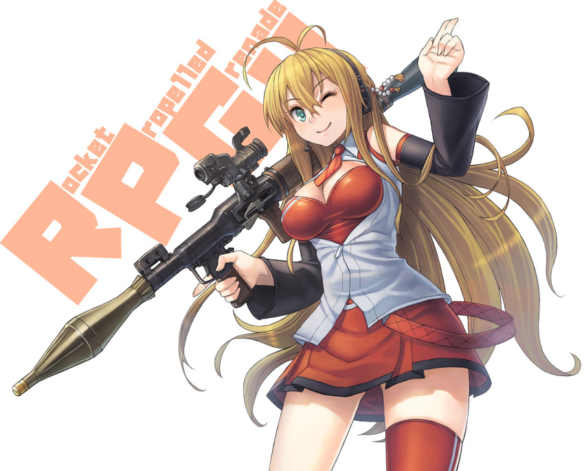 antenna_hair blonde_hair breasts cleavage closed_eyes collared_shirt cowboy_shot detached_sleeves green_eyes gun hair_between_eyes hand_up headphones holding holding_gun holding_weapon itou_(onsoku_tassha) large_breasts long_hair long_sleeves looking_at_viewer necktie one_eye_closed open_clothes open_shirt red_legwear red_neckwear red_skirt rocket_launcher rpg shirt single_thighhigh skirt sleeveless sleeveless_shirt smile thighhighs trigger_discipline tsurumaki_maki very_long_hair voiceroid waving weapon white_shirt wing_collar