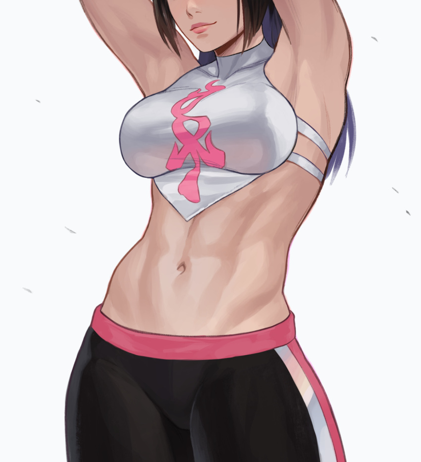 1girl abs alternate_costume alternate_hair_length alternate_hairstyle armpits arms_up black_hair breasts han_juri head_out_of_frame highres light_smile midriff navel obscured pants sleeveless street_fighter street_fighter_v stretch striped striped_pants sweatpants white_background zenkiro