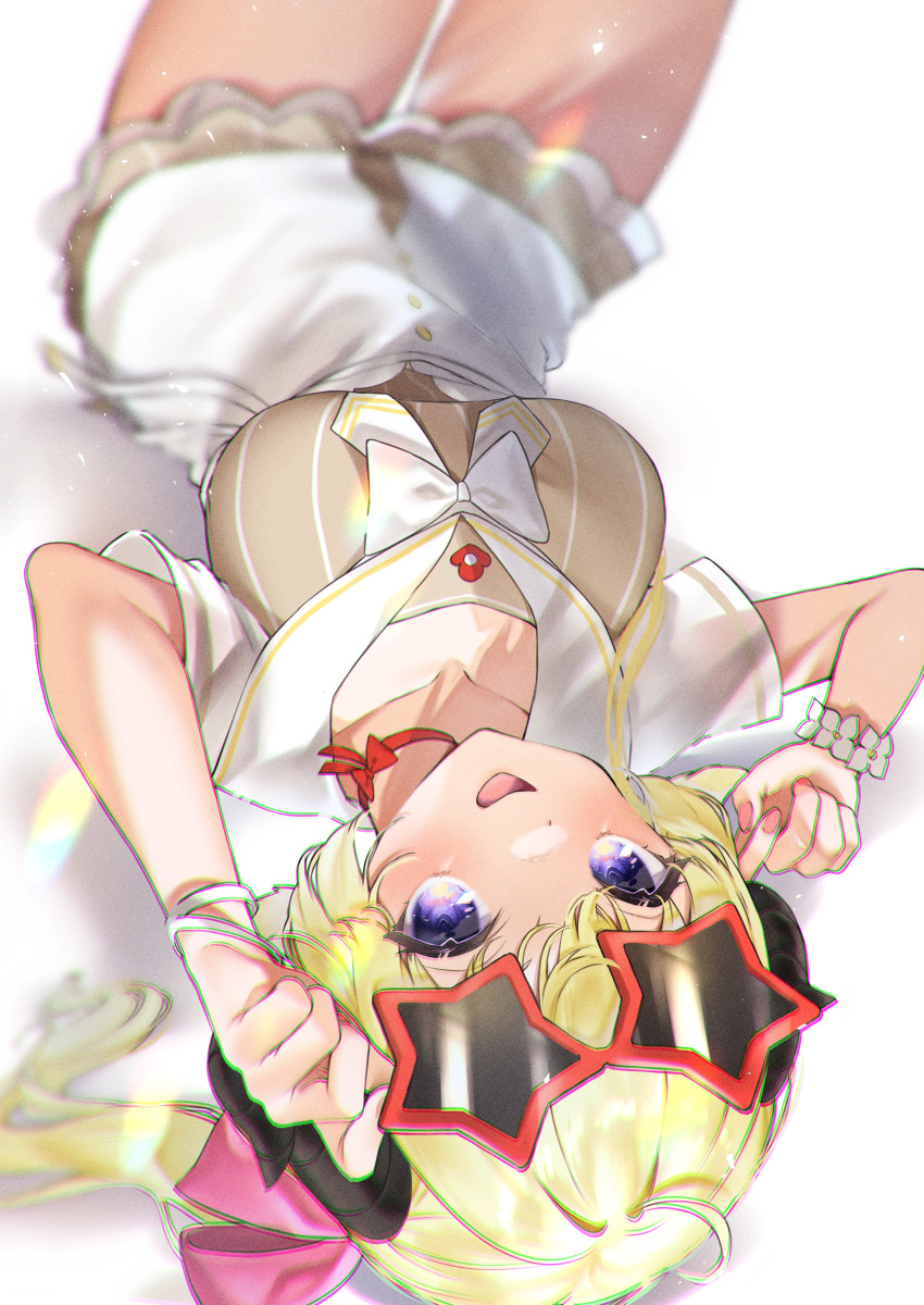 1girl absurdres ahoge blonde_hair breasts buta_tamako dress flower_bracelet highres hololive large_breasts lens_flare lying on_back purple_eyes sailor_collar star_shades tsunomaki_watame upside-down white_background