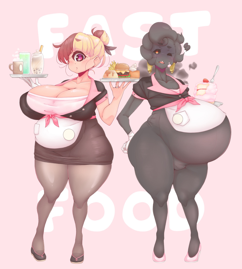 2019 absurd_res belly belly_overhang beverage big_belly big_breasts big_butt black_bottomwear black_clothing blonde_hair bottomwear bow_tie breasts bulge butt cake cleavage clothed clothing coffee curvy_figure cyclops dessert duo ear_piercing ear_ring female food fruit ghost girly girly_clothing girly_hair hair hand_on_hip hi_res humanoid jewelry male male_pregnancy monster multicolored_hair open_mouth overweight overweight_female overweight_male piercing plant pregnant pregnant_female red_eyes red_hair sharp_teeth soda spirit strawberry teeth thick_thighs tongue two_tone_hair vis-the-spectre voluptuous waiter waitress_outfit wide_hips
