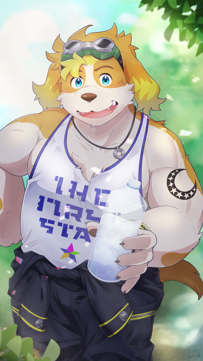 2021 5keys_x86 9:16 anthro belly big_belly blue_eyes bottomwear brown_body brown_fur brown_nose canid canine canis clothing domestic_dog fur hi_res hisaki_(live-a-hero) humanoid_hands kemono live-a-hero male mammal outside pants shirt solo topwear video_games