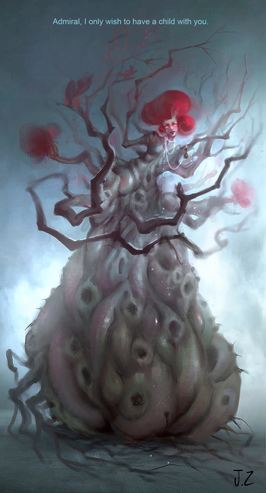 1girl branch cynthia_(lord_of_the_mysteries) eldritch_abomination english_text flower highres holes jewelry jinnyz looking_at_viewer lord_of_the_mysteries monster necklace pussy red_flower red_hair smile solo tears