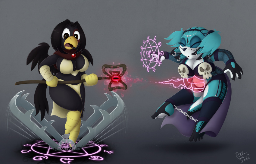 absurd_res anthro avian beak big_breasts bird breasts chain cleavage clothed clothing curvy_figure digital_media_(artwork) drxii duel duo elleseve feathered_wings feathers female female/female fight hi_res magic mammal non-mammal_breasts simple_background skimpy thick_thighs wide_hips wings
