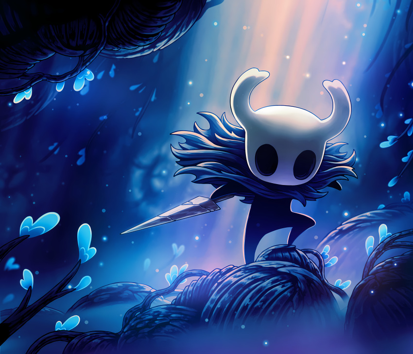 1other absurdres ari_gibson bioluminescence black_skin bug cave_interior chitin cloak colored_skin floating_cape glowing grey_cloak highres holding holding_weapon hollow_eyes hollow_knight horned_mask knight_(hollow_knight) light_particles mask nail_(hollow_knight) official_art old_nail_(hollow_knight) promotional_art solid_oval_eyes solo standing weapon white_mask