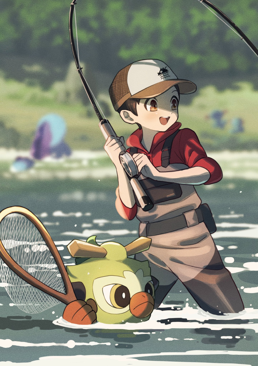 1boy alternate_costume amakara000 baseball_cap blurry blurry_background blush brown_eyes brown_hair day fishing fishing_rod gen_2_pokemon gen_8_pokemon hat highres holding holding_fishing_rod male_focus net open_mouth outdoors pokemon pokemon_(creature) pokemon_(game) pokemon_swsh quagsire red_shirt shirt short_hair sleeves_rolled_up smile symbol_commentary thwackey tongue upper_teeth victor_(pokemon) wading water