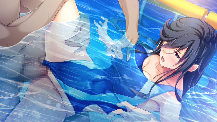 1girl 2boys bangs black_hair blue_swimsuit breasts censored cleavage clothing_aside collarbone covered_navel eyebrows_visible_through_hair floating_hair game_cg group_sex hair_between_eyes half-closed_eyes hetero highres large_breasts long_hair mmf_threesome mosaic_censoring multiple_boys official_art one_eye_closed open_mouth partially_submerged penis pool purple_eyes school_swimsuit sex shiny shiny_hair spread_legs swimsuit swimsuit_aside tamaki_juri thigh_grab threesome toriko_no_kizuna_~ubawareta_gakuen_ni_hibiku_shojo_no_aegi~ vaginal very_long_hair