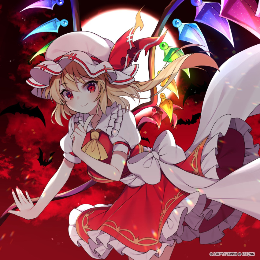 +_+ 1girl animal ascot backlighting bat blonde_hair blush bow closed_mouth collared_shirt colorized commentary_request cowboy_shot crystal diffraction_spikes eyebrows_visible_through_hair flandre_scarlet floating_hair frilled_shirt_collar frilled_skirt frills full_moon glowing glowing_wings hand_up hat hat_ribbon highres holding holding_weapon index_finger_raised laevatein leaning_forward looking_at_viewer mob_cap moon one_side_up outstretched_hand parody puffy_short_sleeves puffy_sleeves rainbow_order red_eyes red_ribbon red_skirt red_sky red_vest ribbon rotte_(1109) sash shirt short_hair short_sleeves sidelocks skirt skirt_set sky sleeve_cuffs smile solo star-shaped_pupils star_(symbol) style_parody symbol-shaped_pupils touhou touhou_lost_word upskirt vest watermark weapon white_bow white_headwear white_sash white_shirt wings yellow_neckwear yurui_tuhu