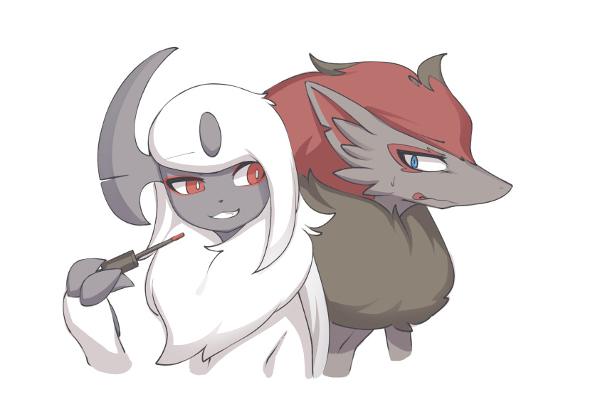 absol absurd_res anthro applying_makeup blue_eyes bodily_fluids chest_tuft claws concerned duo feral finger_claws fur grey_body grey_fur hair hi_res horn inner_ear_fluff looking_at_another makeup nintendo personal_grooming pok&eacute;mon pok&eacute;mon_(species) red_eyes red_hair simple_background smile sweat sweatdrop tuft video_games white_background white_body white_fur zinfyu zoroark