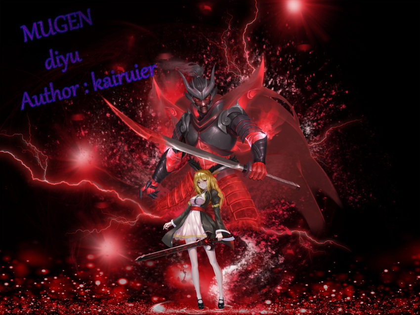 1boy 1girl armor bangs black_background black_coat black_footwear blonde_hair cape closed_mouth coat diyu_(mugen) english_text full_body highres holding holding_sword holding_weapon lightning long_hair looking_at_viewer m.u.g.e.n oda_nobunaga_(sengoku_basara) red_cape red_eyes sengoku_basara standing sword wanyu_(kanade) weapon